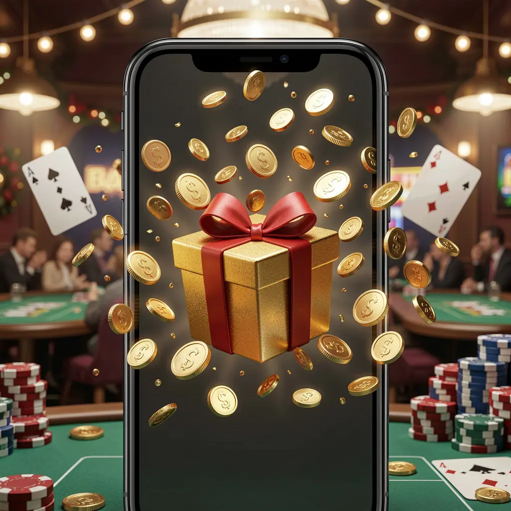 RM888 mobile casino bonus app concept showing a phone screen with a gift box and coins bursting out in a festive casino atmosphere RM888 mobile casino bonus app concept showing a phone screen with a gift box and coins bursting out in a festive casino atmosphere