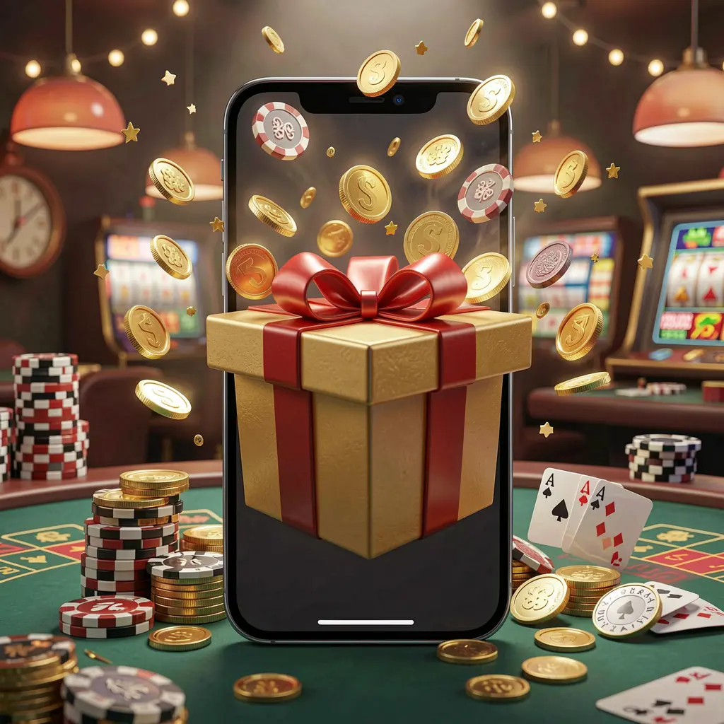 RM888 mobile casino bonus app concept showing a phone screen with a gift box and coins bursting out in a festive casino atmosphere RM888 mobile casino bonus app concept showing a phone screen with a gift box and coins bursting out in a festive casino atmosphere