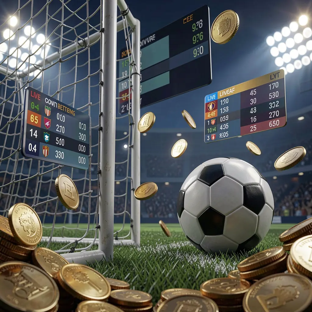 Realistic 3D render of a football goal net with a soccer ball, stadium lights, coins, and floating live score panels on a dark blue premium background, representing RM888 sports betting in Malaysia