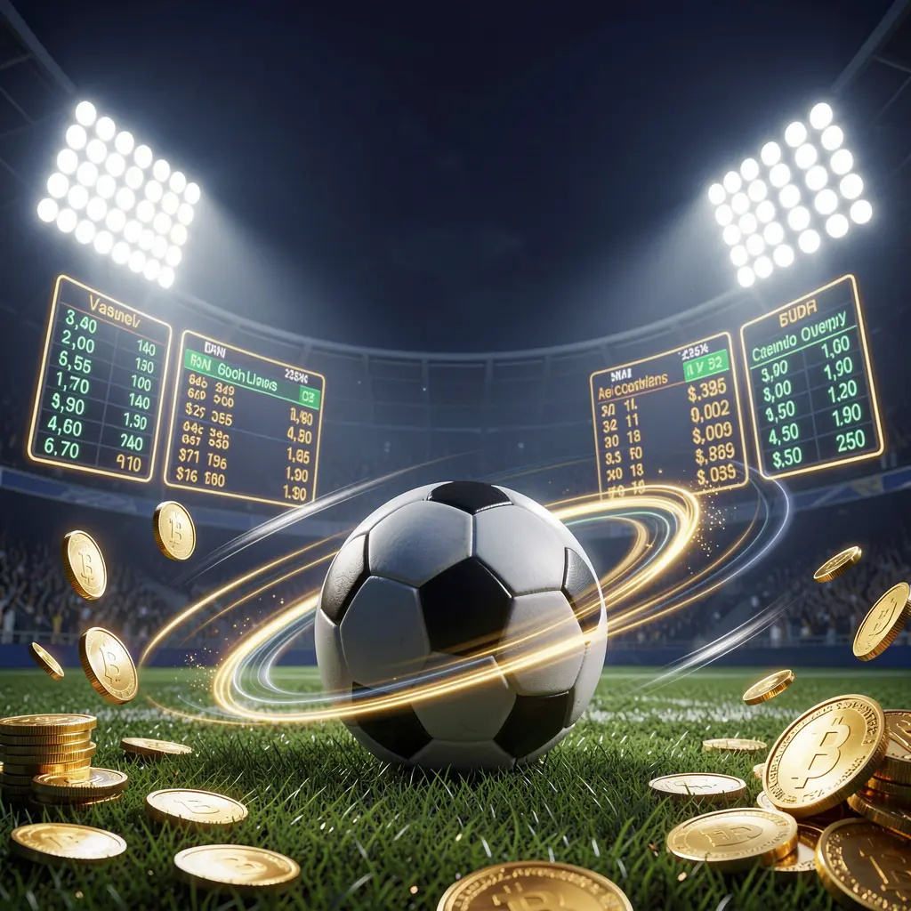 RM888 sports betting page hero banner featuring a football stadium at night with bright floodlights, a soccer ball on green grass, glowing odds panels, golden coins, and dynamic light trails in a premium dark blue and gold cinematic 3D render