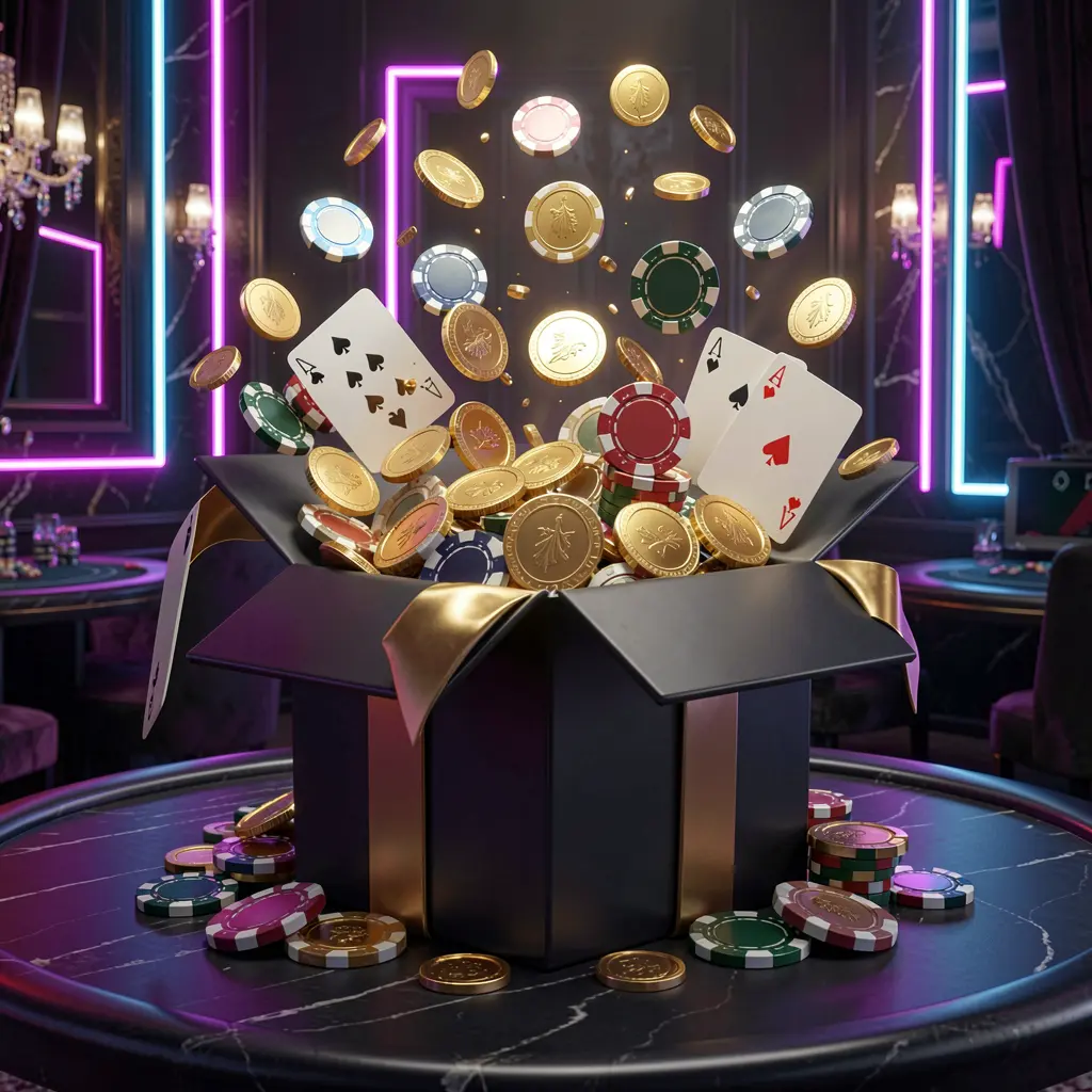 RM888 online casino bonus gift box exploding with golden coins, poker chips, and playing cards against a dark luxury background with glowing neon accents