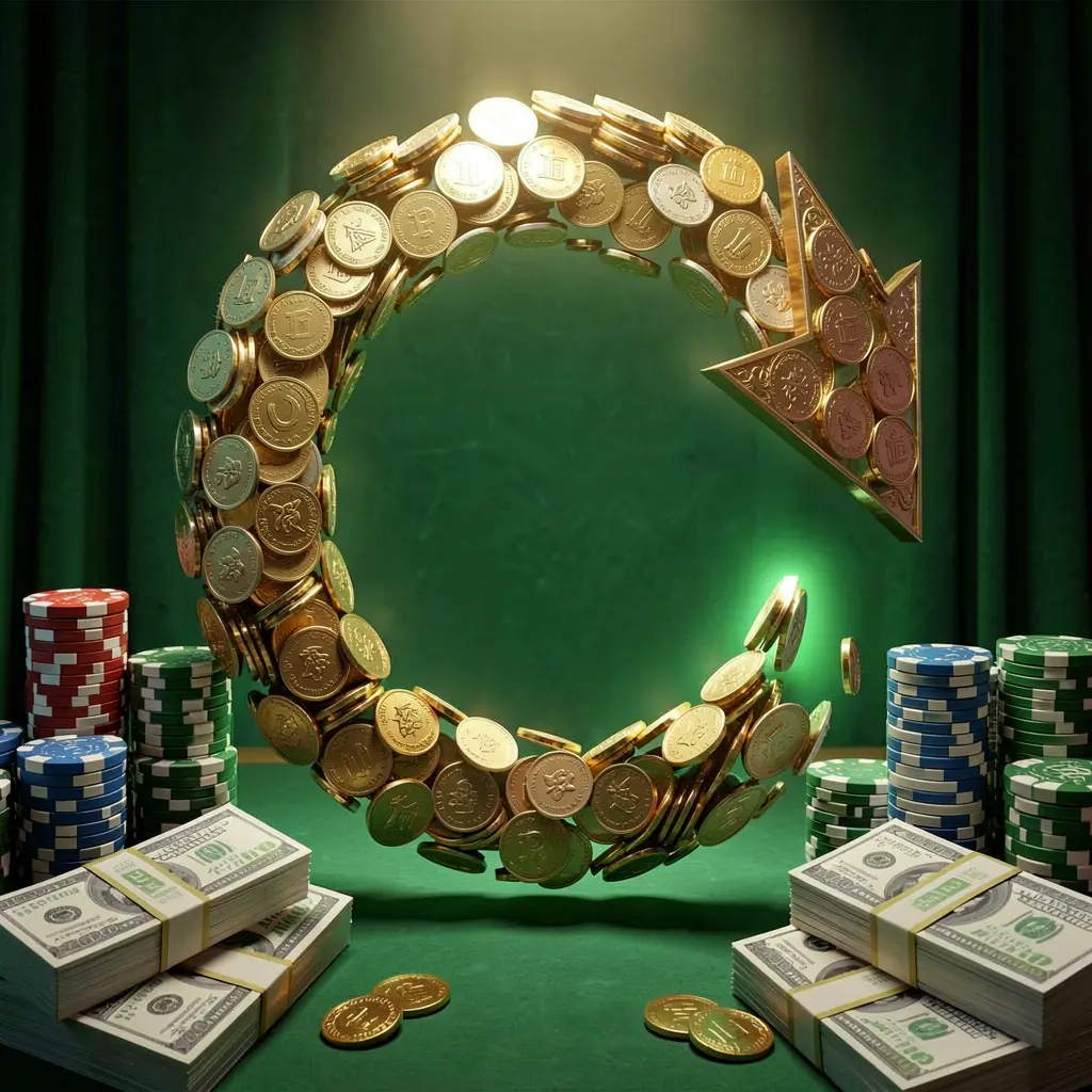 Realistic 3D render of a cashback casino bonus scene featuring coins moving in a circular arrow, stacks of chips, and cash bundles with green and gold glow, showcasing the RM888 brand