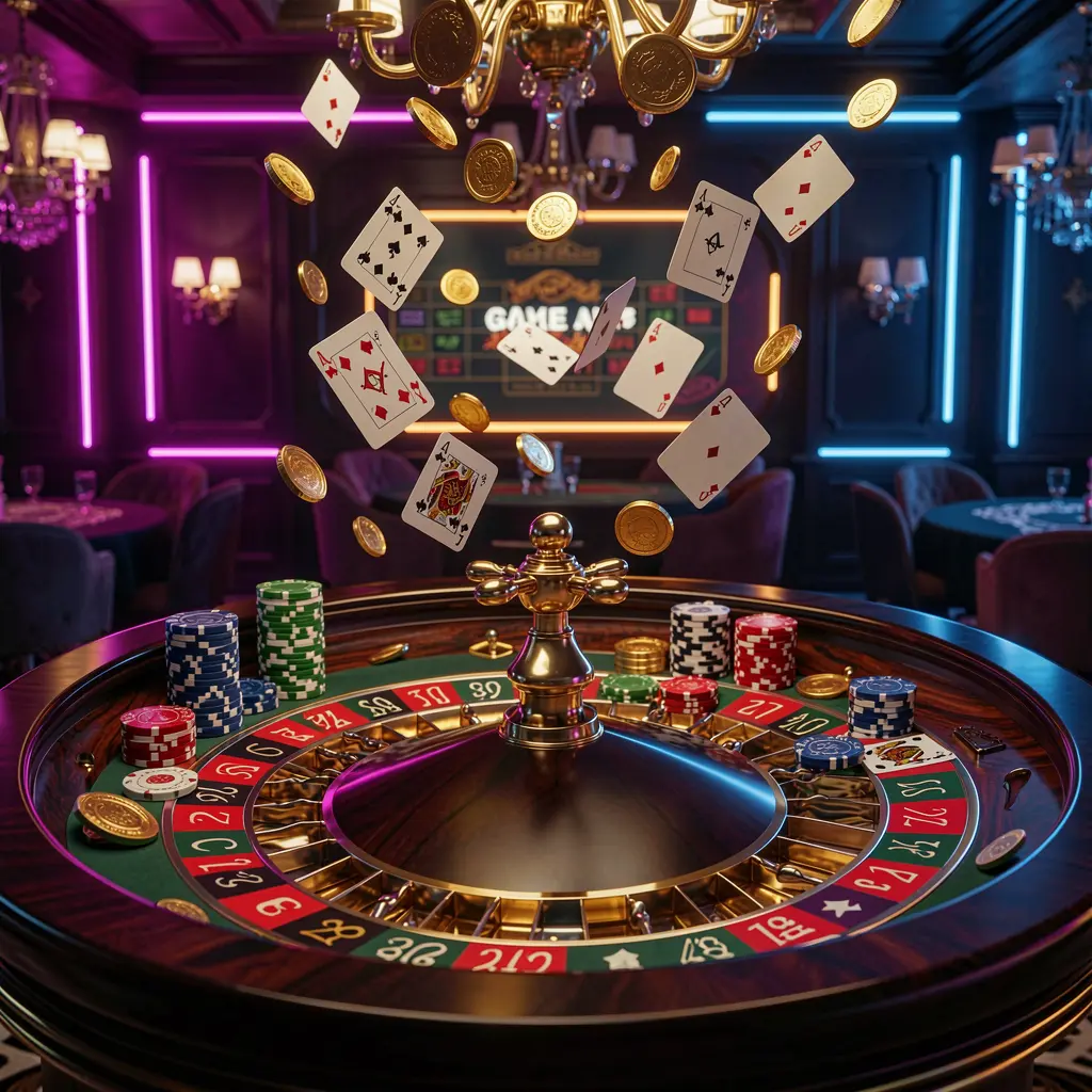 Elegant RM888 casino roulette table with chips, cards, and golden coins flying in the air under dramatic neon lighting in a high detail 3D render Elegant RM888 casino roulette table with chips, cards, and golden coins flying in the air under dramatic neon lighting in a high detail 3D render