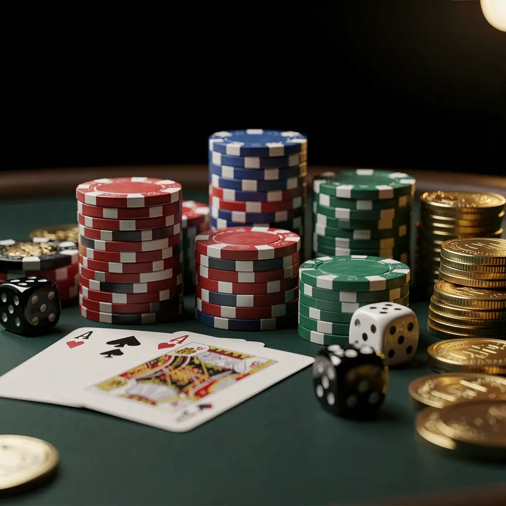Close-up of an elegant casino table featuring poker chips, playing cards, dice, and gold coins with soft cinematic lighting on a luxury black background, showcasing RM888's premium gaming experience Close-up of an elegant casino table featuring poker chips, playing cards, dice, and gold coins with soft cinematic lighting on a luxury black background, showcasing RM888's premium gaming experience