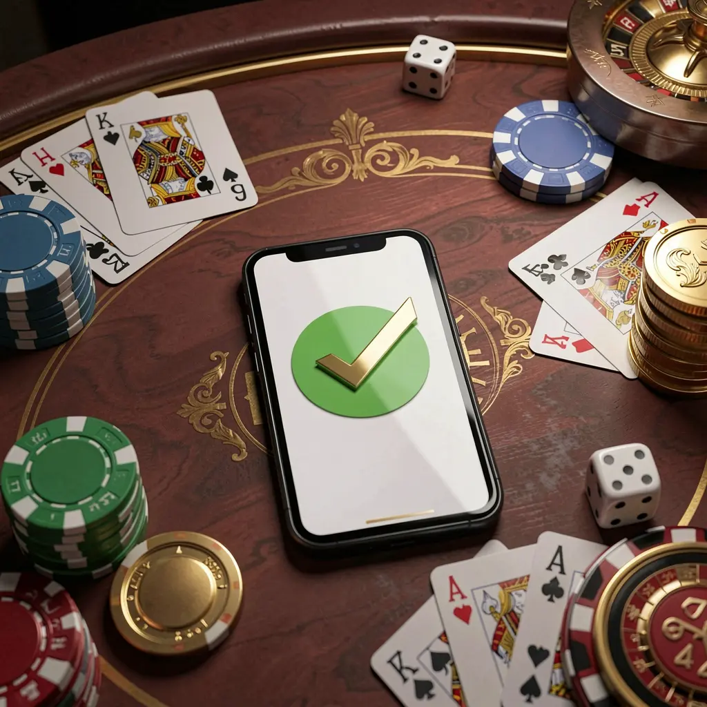 RM888 safe casino login concept showing a smartphone with verification checkmark icon surrounded by chips, cards, dice, and golden coins on an elegant luxury casino table