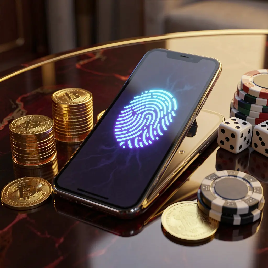 RM888 online gaming account access scene showing a smartphone with a glowing fingerprint icon, golden coins, dice, and poker chips on a glossy table under cinematic lighting