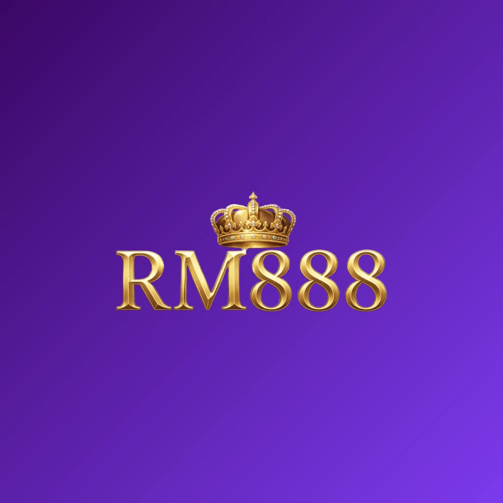 RM888 luxury brand logo with gold metallic finish and a crown above the letters, designed as a horizontal rectangular wordmark with a transparent background