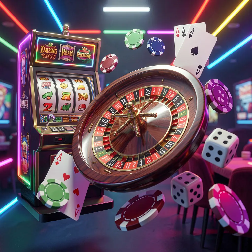 RM888 casino games collection homepage visual featuring a slot machine, roulette wheel, dice, playing cards, and poker chips floating together with colorful neon lights in a premium 3D render